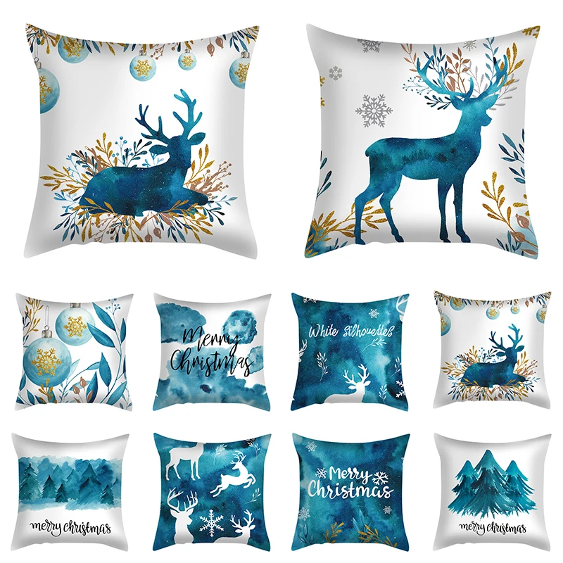

Blue Pillowcase Christmas Printed Pillowcases Peach Skin Cushion Cover Simplicity Pillowcases Nordic Style Home Suppies Stylish
