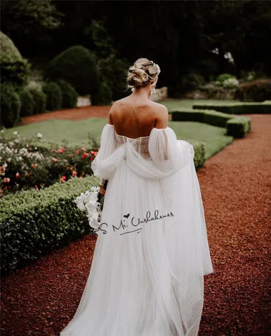 Sexy Open Shoulder Long Puff Sleeve Wedding Dress Vintage Bridal Dresses 2021 Beads A Line Cheap Beach Wedding Gowns Vestidos