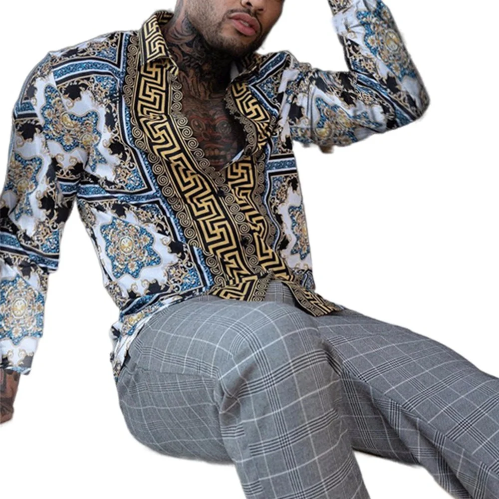 

Men Sexy Shirts European American New Style Casual Fashion Lapel Long Sleeve Slim Tops High Quality Big Printed Cardigan Clothes