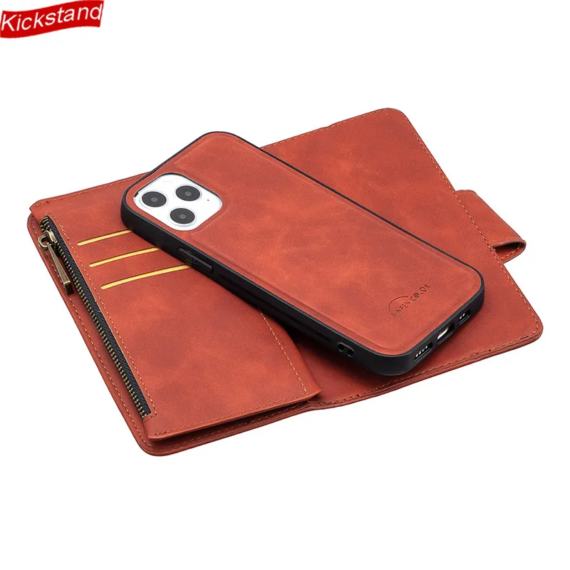 Zipper Wallet for Samsung Galaxy S21 FE 5G S20 Note 20 Ultra S10E S10 Lite S9 Plus Case Skin Feel Leather Flip Removable Cover