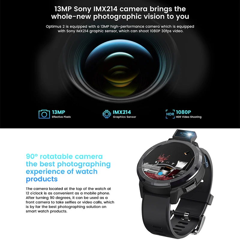 Kospet Optimus 2 4G Smart Watch 13MP Rotatable Camera Flashlight Helio P22 Octa Core 4GB 64GB  Android 10.7 Smartwatch Wifi GPS