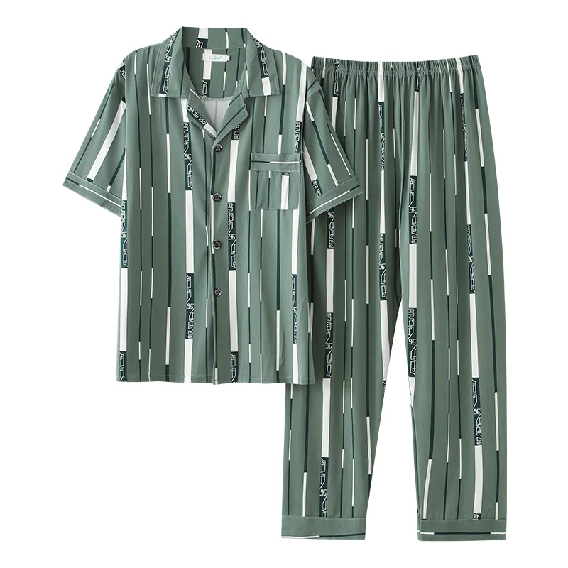 

Men's Pajama Set 2021 Spring Summer Comfortable Men Sleepwear Short Sleeve Cotton Pajamas Men Elastic Waist Pant Leisure Outwear