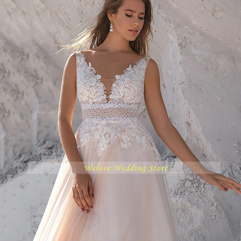 

Vestido De Novia Of Woman Tulle Applique V Neck Simple Wedding Gown Sweep Train Backless Bridal Dresses A Line