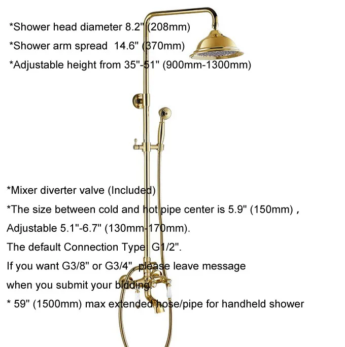 Латунный настенный смеситель для душа золотого цвета с двойной ручкой ручного