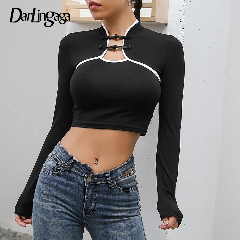 Darlingaga, хлопок, китайский стиль, панкоу, футболки для женщин, тонкая белая футболка с длинным рукавом, модные короткие топы, футболки, весна, сексуальные