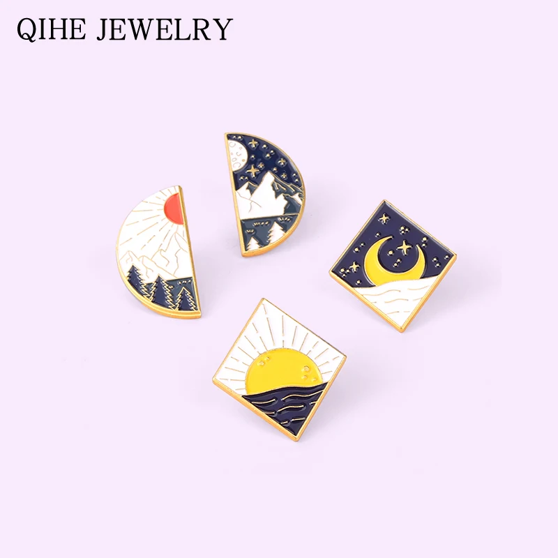 

Sun Moon Star Forest Lake Enamel Pins Badge Outdoors Adventure Brooches for Women Cartoon Bag Lapel Pin Jewelry Gift Wholesale