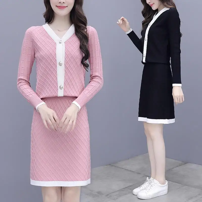 

Spring Autumn Knitted 2 Piece Skirt Sets Women Long Sleeve Cardigan Sweater + Skirt Suits Casual Fashion Elegant Set Y479