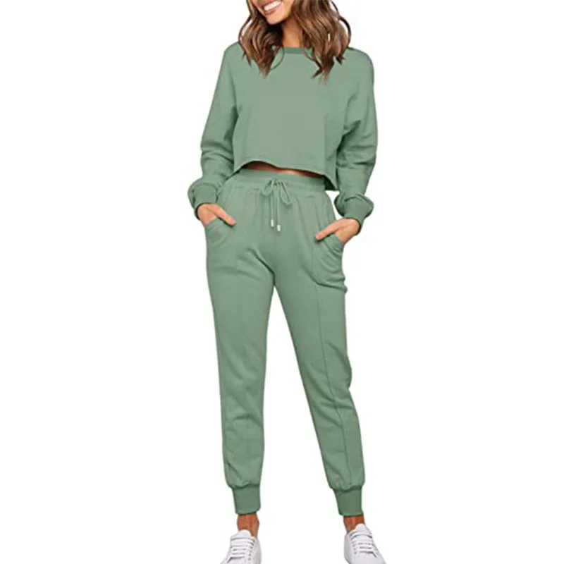 2021 Autumn and Winter New Leisure Fashion Solid Color Long-Sleeved Sweater Pants Two-Piece Sports and Leisure Suit for Women