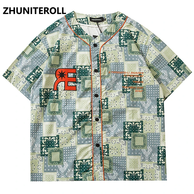 

2021 Hawaiian Beach Shirts Embroidery Letter Paisley Hip Hop Bohemia Shirt Mens Harajuku Short Sleeve Holiday Party Blouse Tops