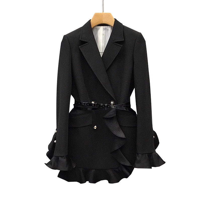 

High Waist With Sashes Blazer Female 2020 Autumn Fashion New Black Patchwork Ruffle Womens Suit Notched Long Sleeve