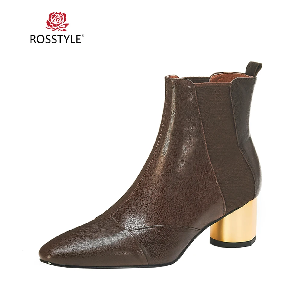 

ROSSTYLE Luxury Woman Winter Ankle Boots Handmade Genuine Leather Sexy Pointed Toe Golden Thick Heel Shoes Solid Elegant Boots