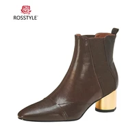 rosstyle luxury woman winter ankle boots handmade genuine leather sexy pointed toe golden thick heel shoes solid elegant boots