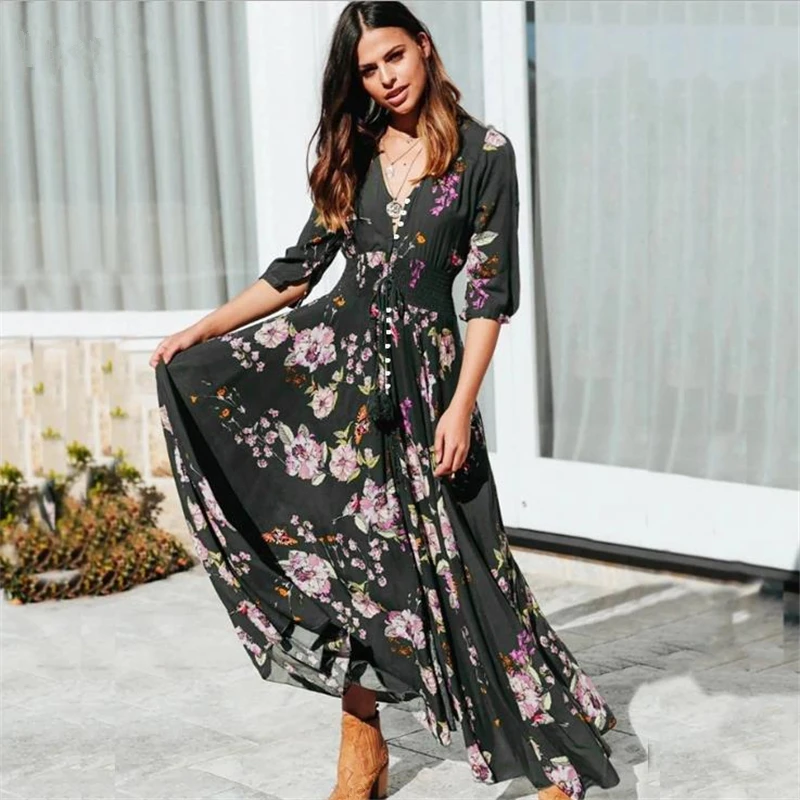 2020 Летнее Длинное платье с цветочным принтом Пляжное Платье в стиле бохо туника