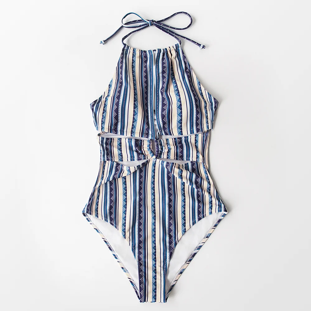 CUPSHE Boho полосой Холтер Вырез Цельный купальник женский сексуальный открытая спина кружева Монокини Девушки Пляж купальный костюм Купальники