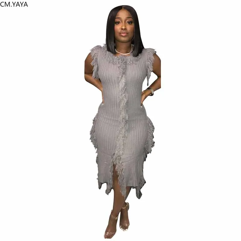 2019 осень зима женские с круглым вырезом без рукавов кисточками осеннее платье