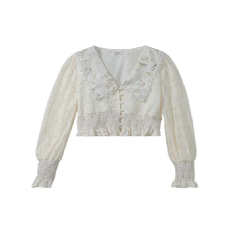 

2021 new ladies shirt original design lace embroidery puff sleeve long sleeve shirt summer waist top dress women's clothing