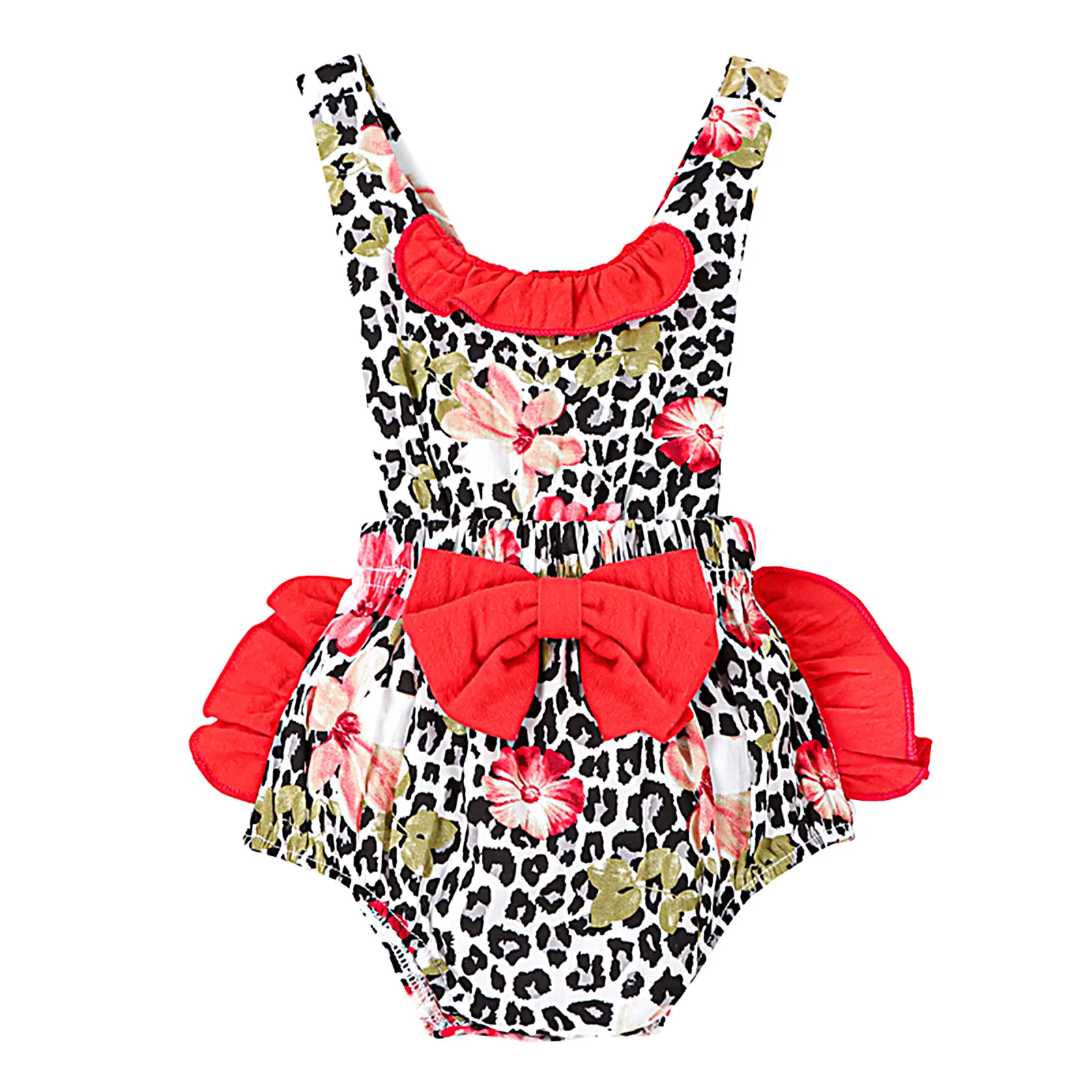 

Newborn Leopard Romper Baby Girl Summer Sleeveless Flower Print U-shaped Neck Bowknot Ruffle Playsuit leopard flower print