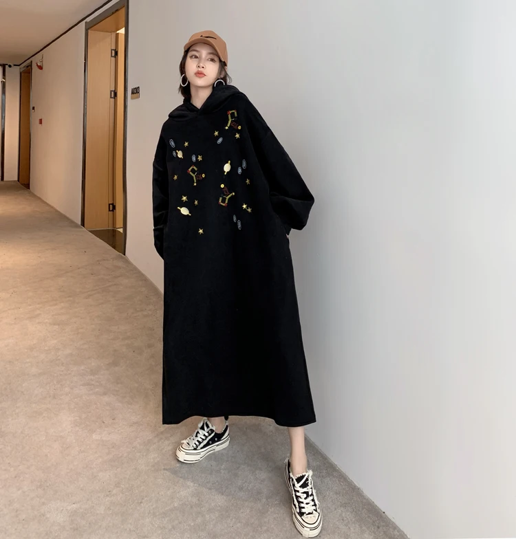 Black Starry Sky Embroidery Hooded Dresses Women Long Sleeve Casual Loose Dress Autumn Winter Warm Side Split Midi Dress