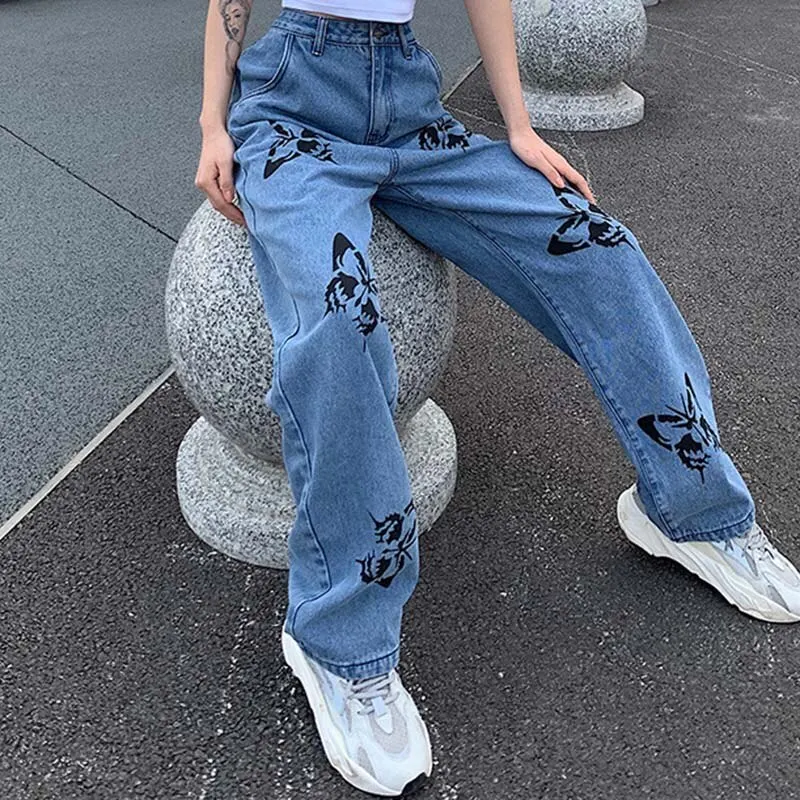 

2020 New Summer Vintage Jeans Woman Long Trousers Cowboy Female Loose Streetwear Butterfly Print Pants