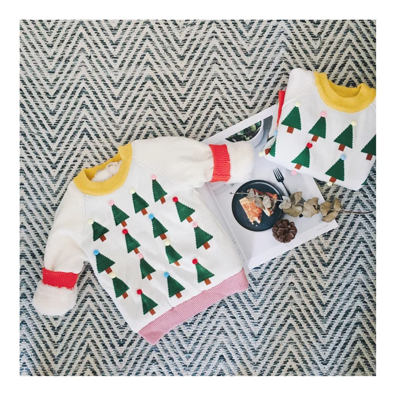 Tonytaobaby Winter Clothes New Children's Clothing White Christmas Tree Knit Sweater Baby Girl Sweater Christmas Sweater