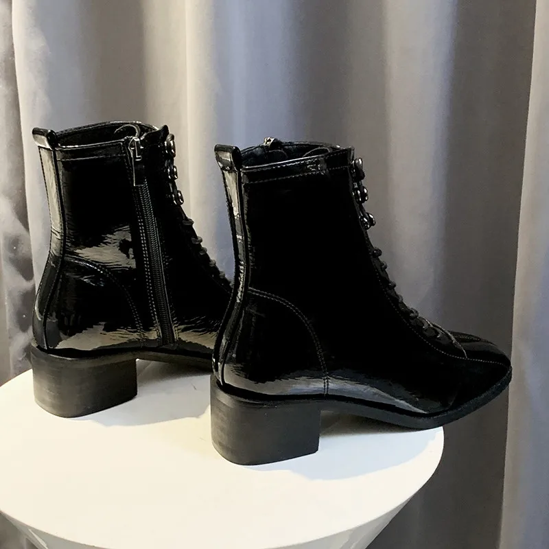 Retro Lace Up Motorcycle Boots Patent Leather women shoes ladies boots black Martin Boot Low Heel Short Cowboy Shoes |