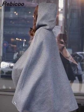 

2019 Fashion spring autumn thin Cardigan poncho Hooded woolen cloak jacket womens wool coats cape women coat