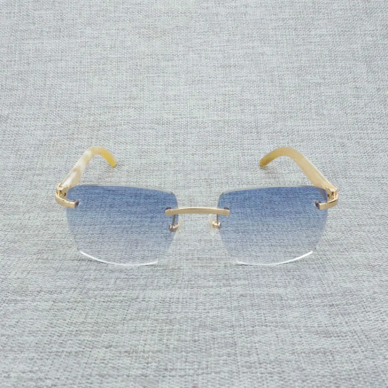 Vintage Black White Buffalo Horn Rimless Square Sunglasses Men Wood Sun Glasses Retro Wooden Shades for Summer Club Eyewear B