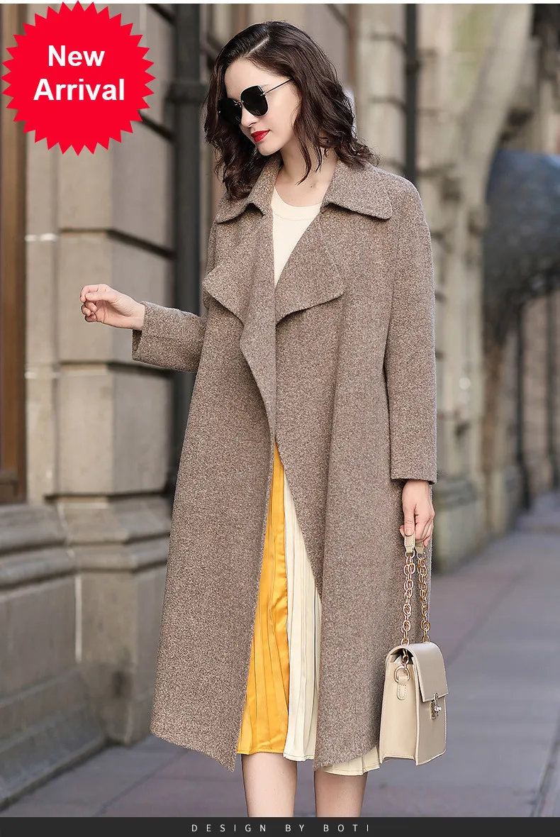 

Осенне-зимнее модное повседневное пальто из шерсти Альпака женское Однотонное шерстяное пальто с поясом