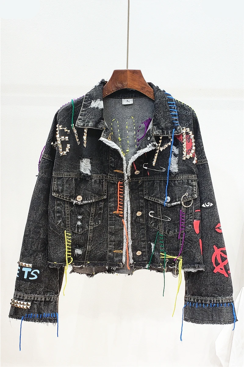

Ripped Lace Up Jean Jackets Spring Autumn Women's Harajuku Denim Jacket Coats Short Black Students Basic Coats Outfit SA354S30