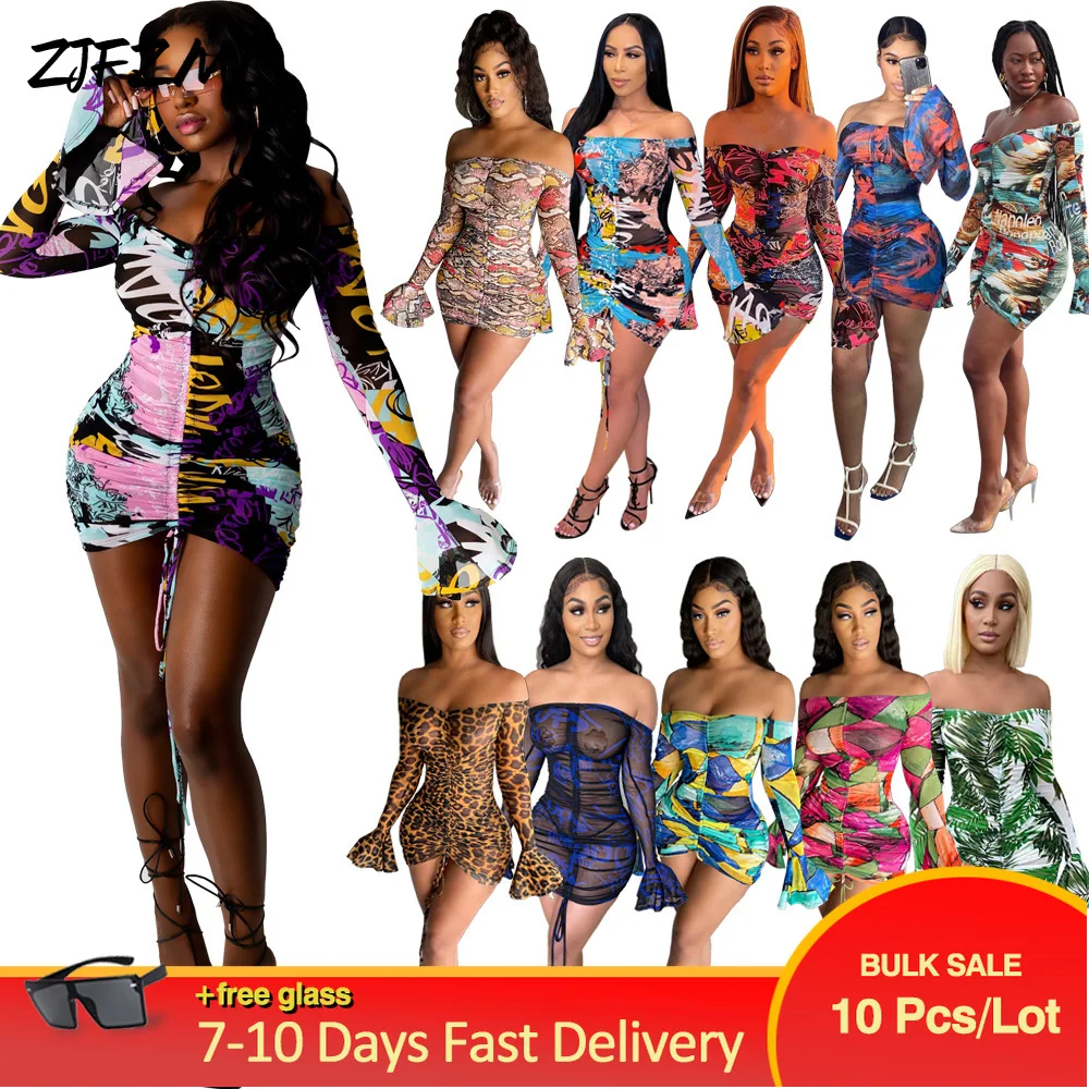 

Bulk Items Wholesale Lots Women's Skirt Sets Snake Tie Dye Print Flare Sleeve Crop Top+ruched Drawstring Mini Dress Clubwear