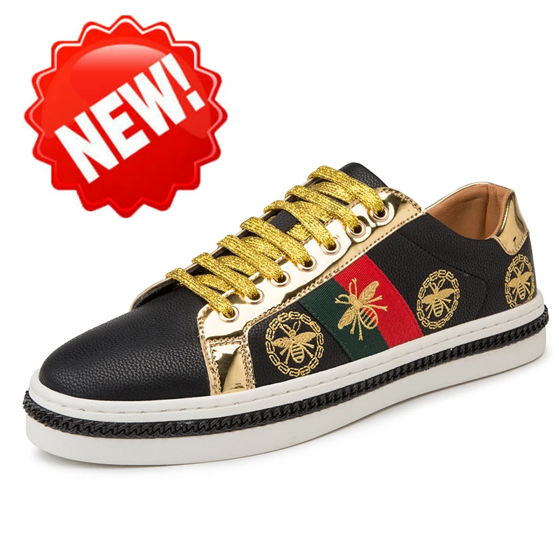 Женские кроссовки с вышивкой пчела золотистые повседневные уличные на плоской