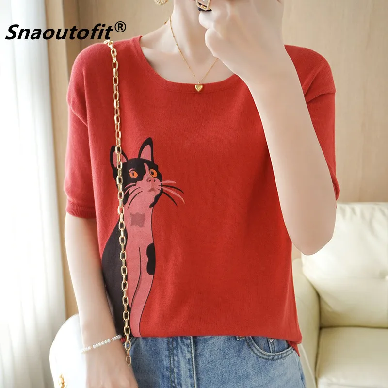 

Snaoutofit 2021 High-Quality Women's Pure Cotton Short-Sleeved Round Neck Loose And Thin Cute Cat Print T-Shirt Simple Inner Top