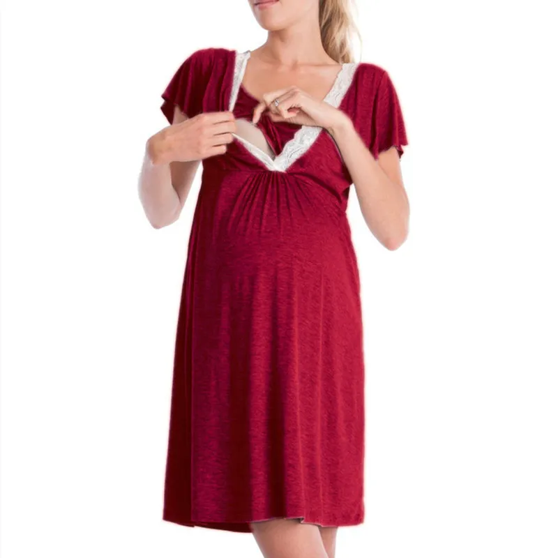 

2021 Spring Summer New Short-Sleeved Solid Color Lace Stitching Maternity Dress Mother Plus Size Breastfeeding Dress