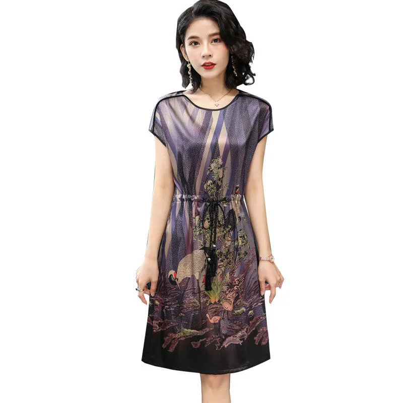 

Женское летнее повседневное шелковое платье с принтом, модное платье с короткими рукавами и круглым вырезом, Повседневное платье для мамы ...