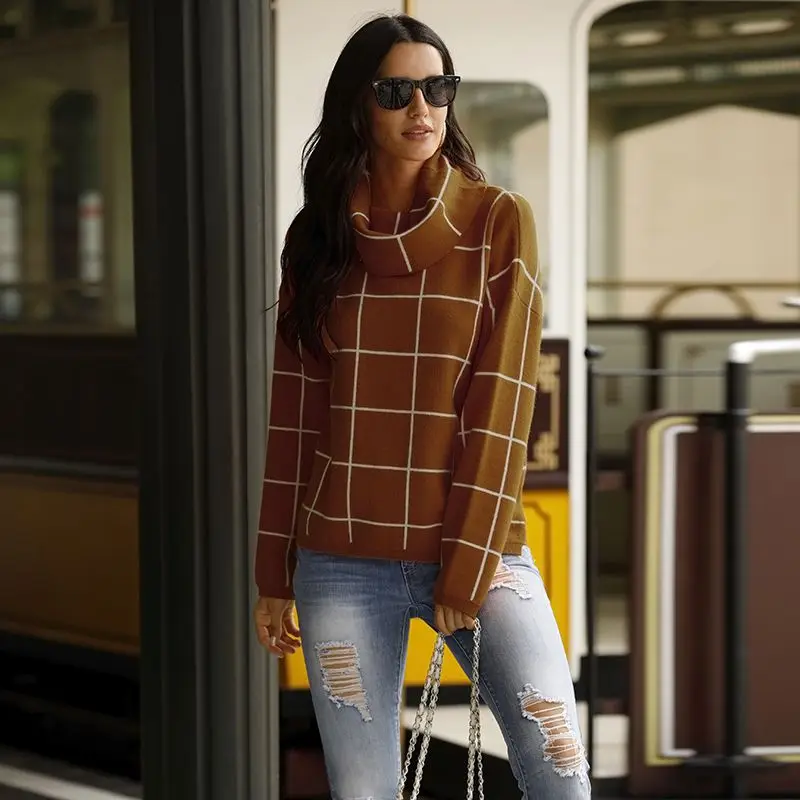 

New Women Sweater Knitted Jumpers 2020 Autumn and Winter New Sweater Women's Short Front Long Block Plaid Two Lapel Sweater Top
