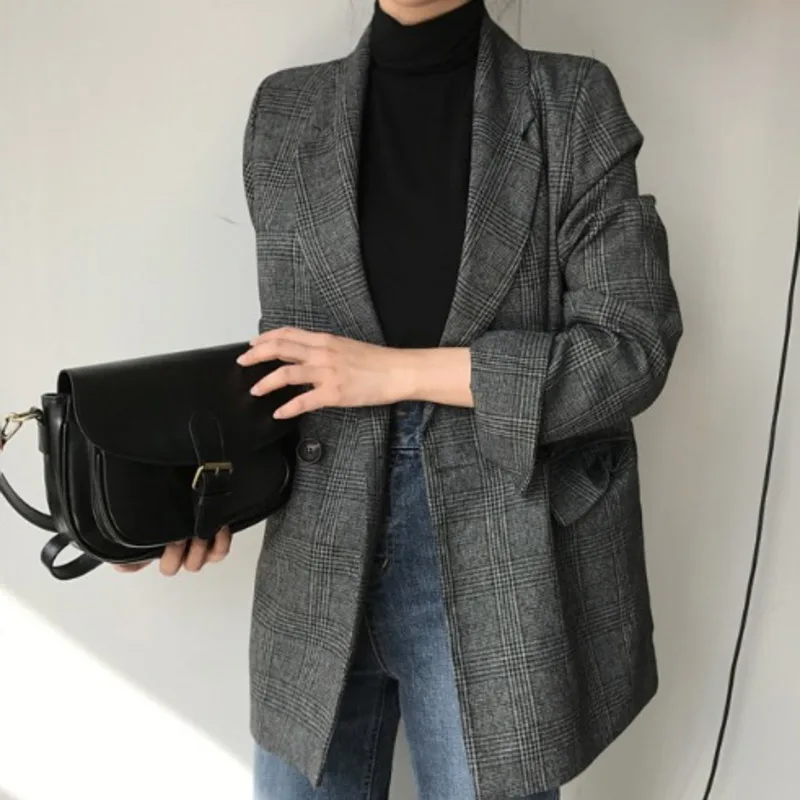 

2021 Winter Women Chic Slim Blazer Plaid Vintage Pocket Office Ladies Formal Blazers Casual Jacket Coat