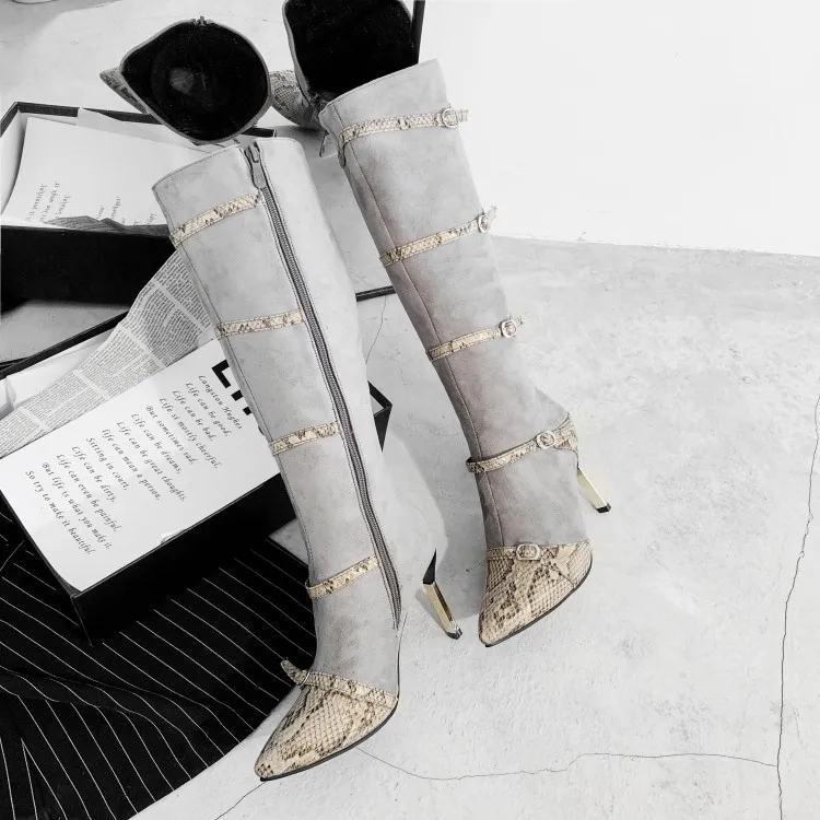 Женские зимние ботинки со змеиным принтом на высоком каблуке|Сапоги до колена| |