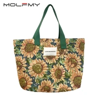 sunflower print canvas bag for women brand designer large capacity shoulder totes 2022 summer female rotro hand shopping bags