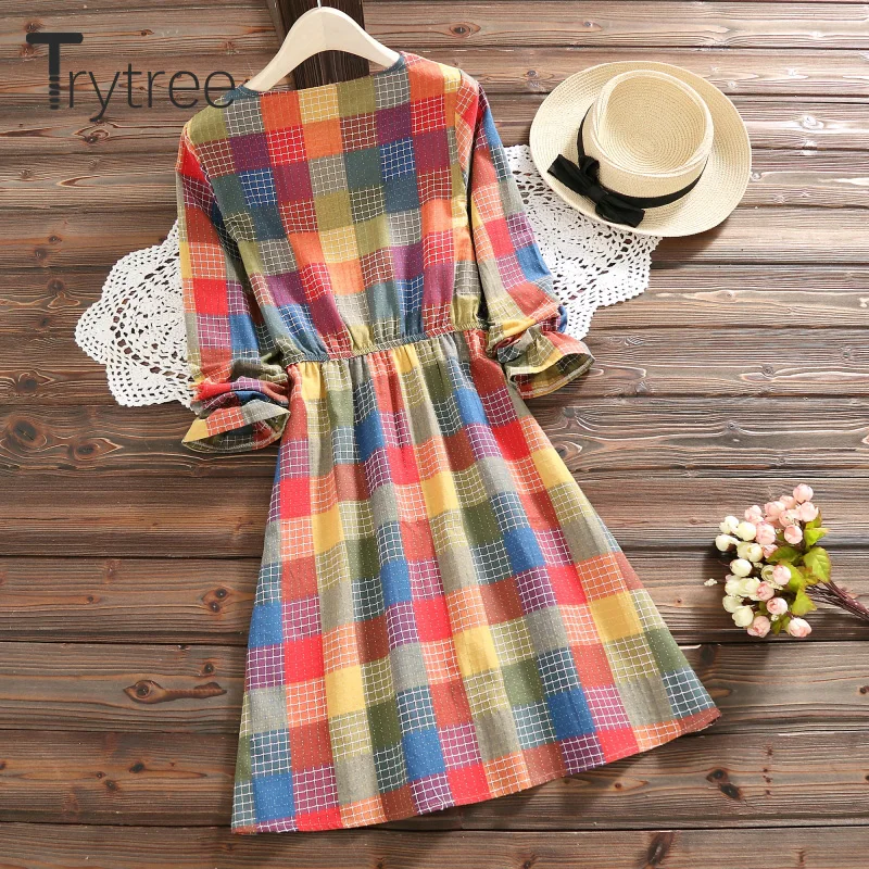 Женское клетчатое платье рубашка Trytree разноцветное повседневное офисное