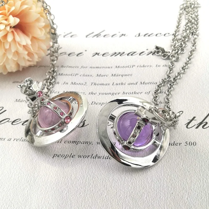 

Purple Pink Zircon 20mm Glass bead Sweater Planet Necklace Copper plated Gold Zircon Crystal Necklace women Trend Jewelry