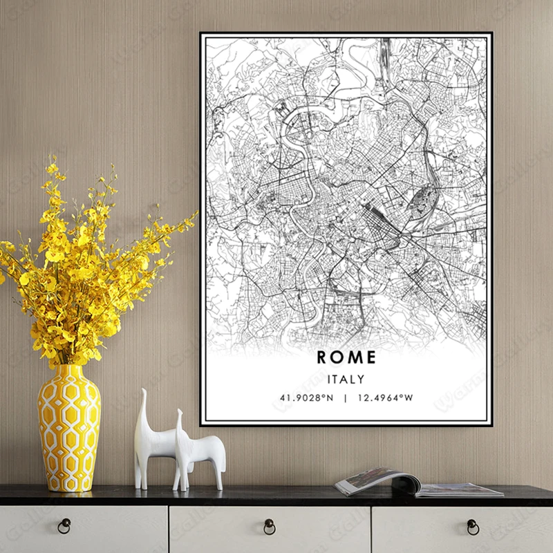 Черно-белая карта итальянского города римского плакат HD печать настенное