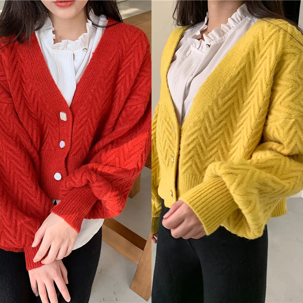 

Осень 2020 сладкий Повседневный фонарь v-образным вырезом Женское пальто толстый свитер короткий простой вязаный кардиган свитер многоцветн...