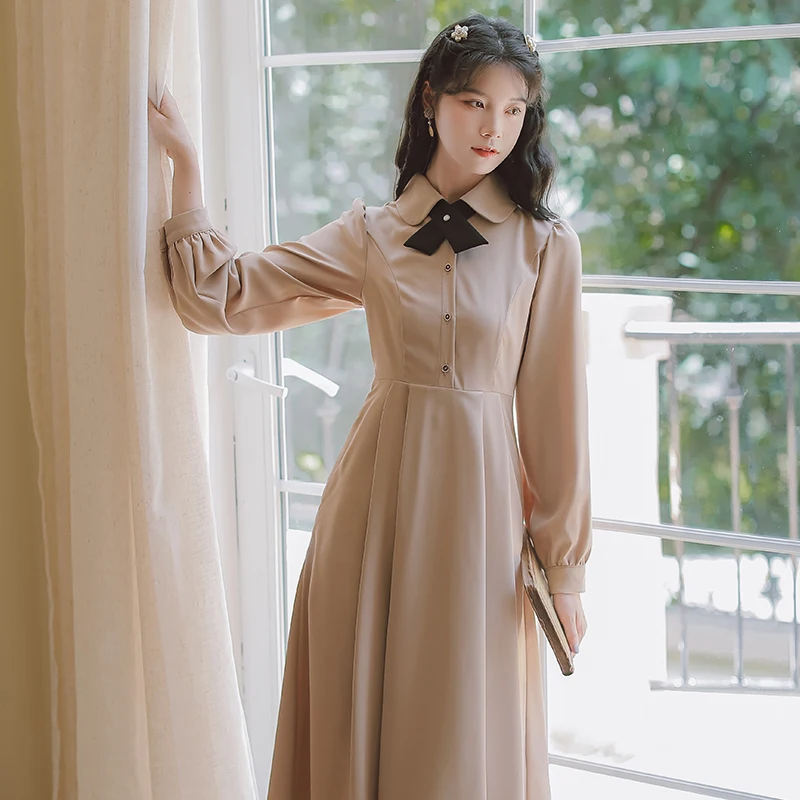 

Женское платье с длинным рукавом, однотонное платье в стиле ретро, с кукольным воротником, осень 2021