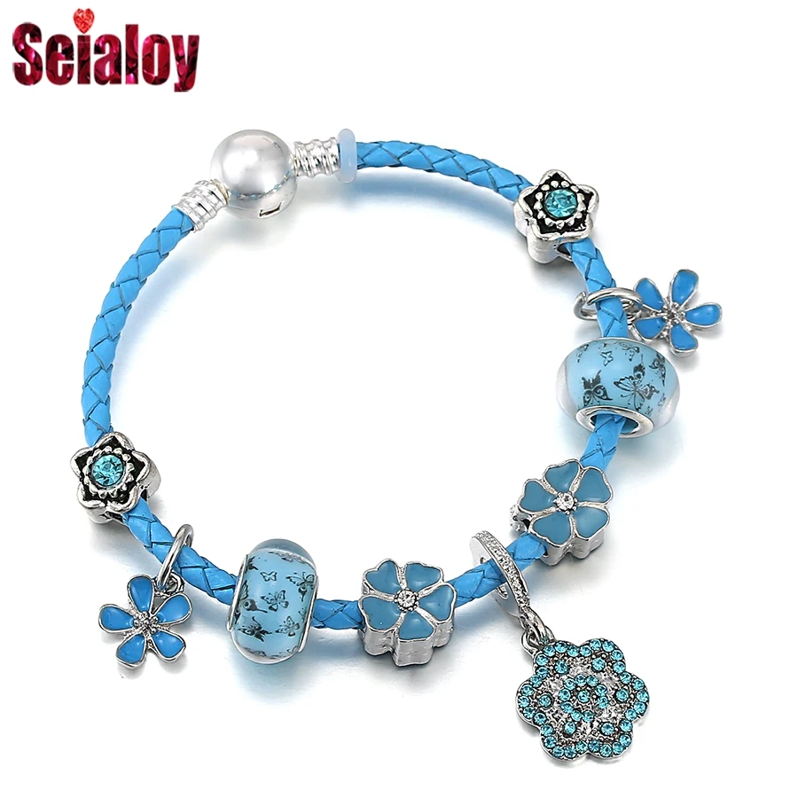 

Seialoy Bohemian Cyan Butterfly Beads Flower Dangle Charm Bracelets For Women Original Leather Braided Bracelet Fashion Jewelry