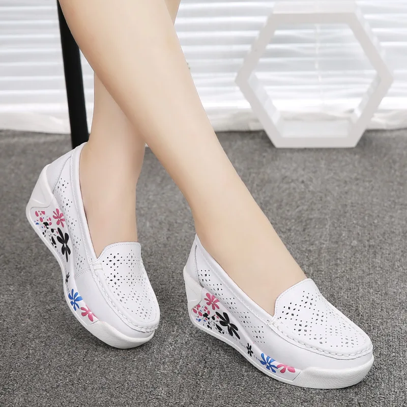 

Hot Sale New Women's Genuine Leather Platform Shoes Wedges White Lady casual Shoes Swing mother shoes size 35-40