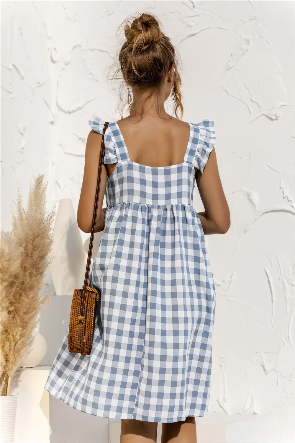 

Summer Women Plaid Dress Square Collar Butterfly Sleeve Casual Loose Dress Sexy Backless Ladies Midi Dress Sundress Vestidos