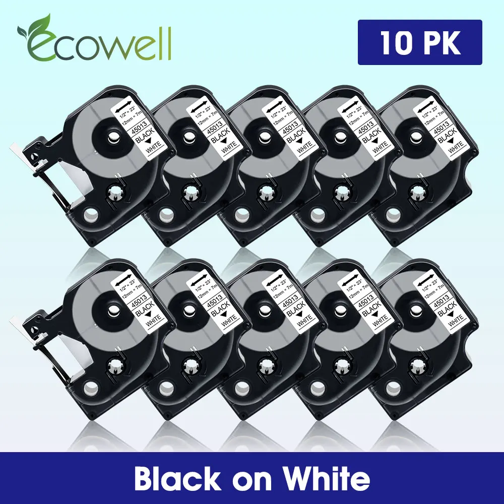 Ecowell 10pcs compatible for Dymo LW 280 160 label maker 12mm 45013 laminated label tape for D1 45013 Black on White ribbon