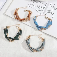 korean blue brown wooden metal chain sweet gold color three layer link bracelet fashion brand women jewelry party dating gift
