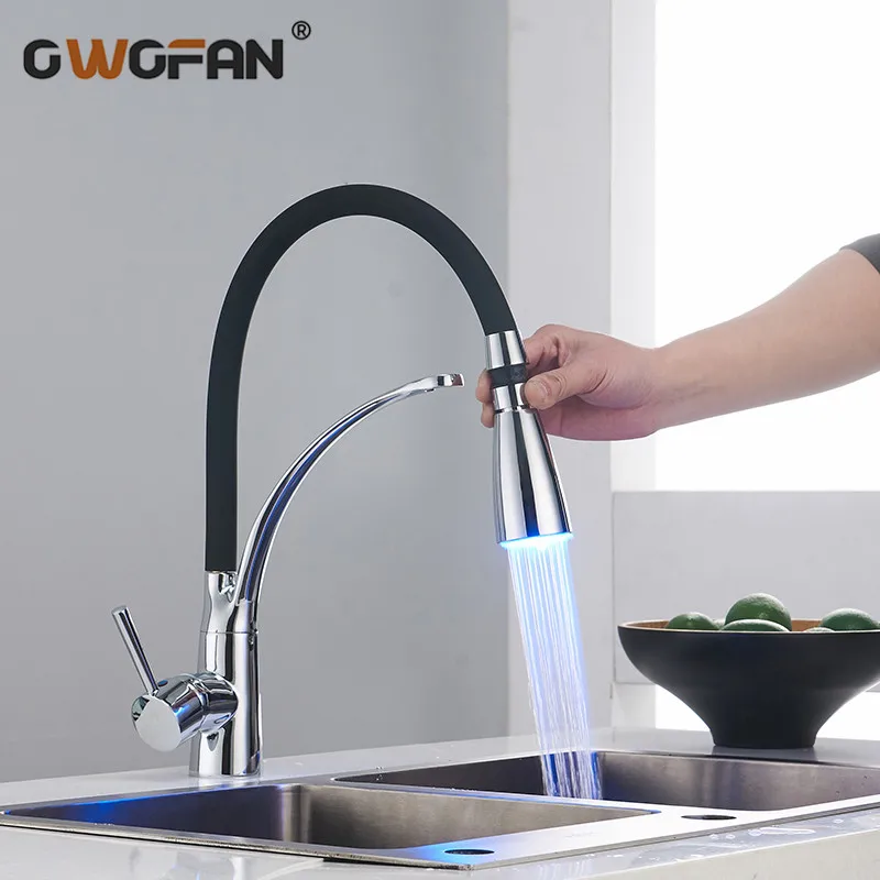

Modern Chrome LED Kitchen Faucets with Rubber 2 Water Modes Faucet Single Handle Pull Down Deck Mounted Sink Mixer Tap N22-085