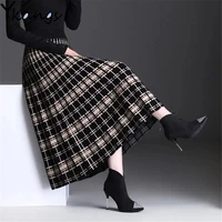 new autumn winter vintage stretch high waiste midi pleated houndstooth printed knitted skirt for women runway plaid long skirt